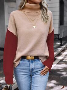 SHEIN LUNE 撞色高领开衩下摆针织套头衫，秋冬款 - 彩色 - 查看 6