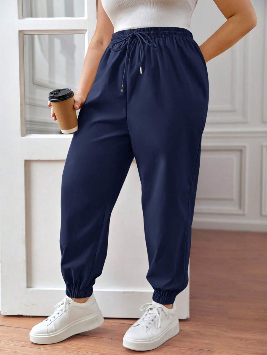 SHEIN Frenchy Plus Drawstring Waist Pants - Navy Blue - View 1