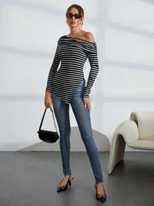 SHEIN Essnce 女士不对称下摆条纹 T 恤