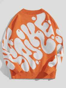 ROMWE MEN Street Life Men Round Neck Sweater With Letter Pattern - Orange - View 2