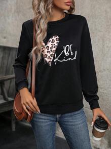 SHEIN LUNE Women's Leopard Print Heart Pattern Long Sleeve Sweatshirt - Black - View 4