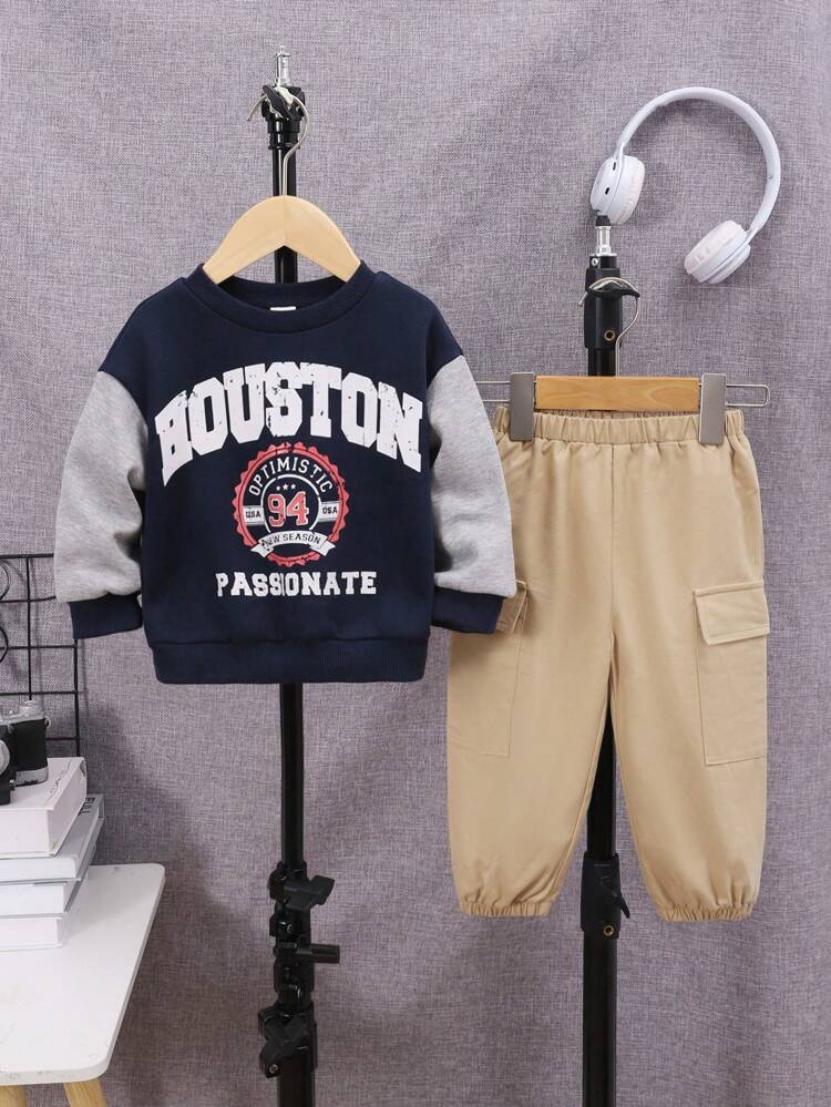 Baby Boys' Letter Print Patchwork Long Sleeve Sweatshirt And Pants 2pcs Outfit