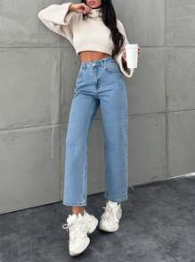 SHEIN Cottnline Women's Straight Leg Jeans - Medium Wash - View 4