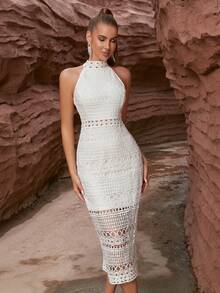 Halterneck Sleeveless Split Back Guipure Lace Cocktail Party Bodycon Dress - White - View 5