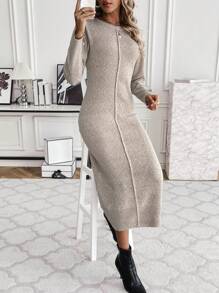 SHEIN Clasi Women's Long Knitted Sweater Dress - Khaki - View 6