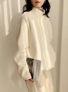 DAZY Chi tiết Patched thư Một nửa khóa kéo Thả vai Teddy Áo nỉ - Màu be - Xem 3