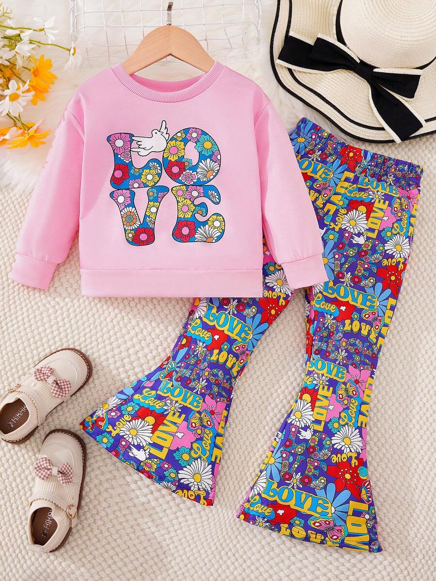 SHEIN Cô Gái Trẻ In Chữ & Hoa Áo chui đầu & Quần ống loe - Hồng - Xem 1