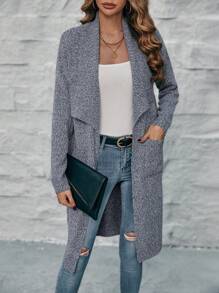 SHEIN Clasi Waterfall Collar Dual Pocket Drop Shoulder Duster Cardigan - Dark Grey - View 5