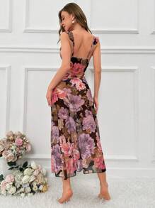 Slumberist Vestido largo de pijama con estampado floral, volantes y malla, perfecto para el verano - Negro - Ver 2