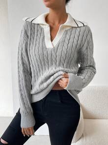 Chiquease Contrast Trim Cable Knit Sweater - Grey - View 3