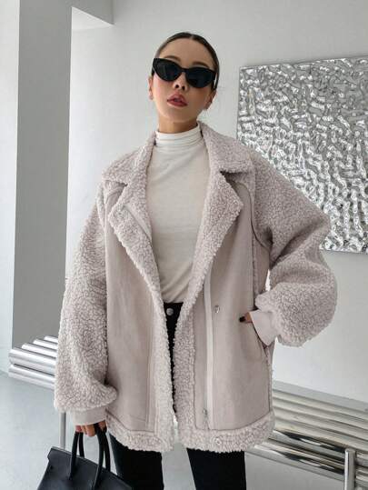 DAZY 插肩袖拉链泰迪熊外套女式夹克，秋季女装，保暖内衬