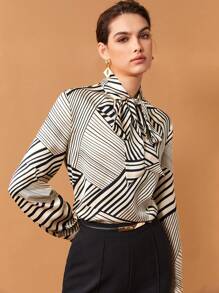 BizChic 女式黑白条纹系带蝴蝶结衬衫，长袖图案衬衫，优雅的办公室/休闲装