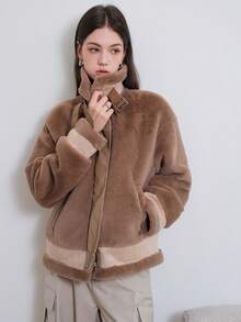 2023年秋冬新款女士短外套,採用人造貂皮和麂皮革,減少老化效果 - 卡其色 - 查看 5