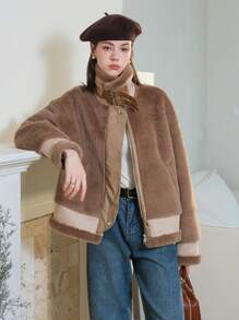 2023年秋冬新款女士短外套,採用人造貂皮和麂皮革,減少老化效果 - 卡其色 - 查看 6