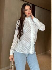 SHEIN Privé Ruffle Trim Button Front Shirt - Apricot - View 3