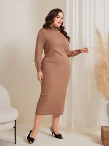 Mulvari Plus Size Women's High Neck Sweater Dress - Camel - View 3