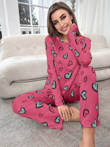 Heart Pattern Printed Long Sleeve Tee And Pants Pajama Set, Fall Winter Clothes Cozy And Elegant Details - Multicolor - View 3
