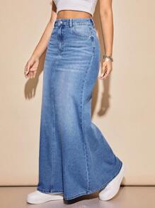 SHEIN Privé Denim A-line Skirt With Diagonal Pocket And Whisker Detail - Medium Wash - View 5