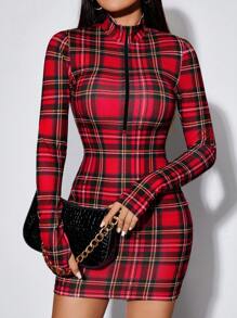 SHEIN PETITE Kẻ sọc Một nửa khóa kéo Váy bodycon Với Ngón tay cái - Đỏ - Xem 3