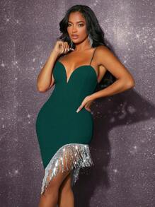 SHEIN SXY Asymmetrical Fringe Hem Cami Dress - Dark Green - View 1