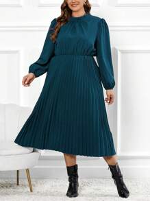 SHEIN Clasi 大尺碼燈籠袖褶邊連衣裙 - 藍色 - 查看 4