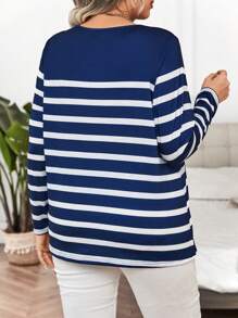 Calvaya Camiseta de manga larga a rayas para mujer de talla grande, camisetas gráficas para mujer, tops para primavera - Azul y blanco - Ver 2