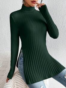 SHEIN Frenchy High-neck Slit Hem Knit Tee With Drop Shoulder Design - Dark Green - View 4