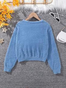 SHEIN Cô gái Tween Viền xoay tròn 	
Fuzzy Áo len - Màu xanh nhạt - Xem 2