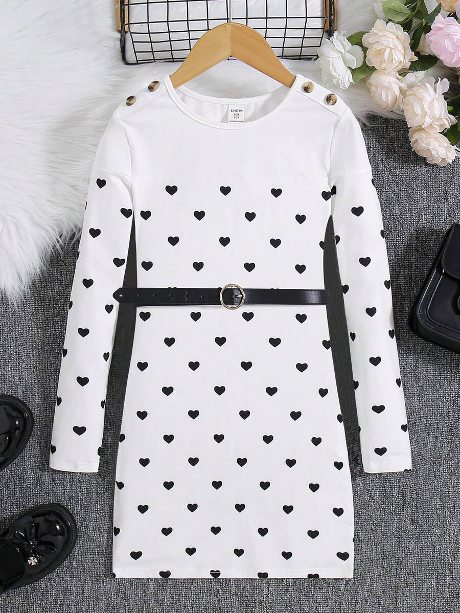 SHEIN Tween Girl Heart Print Button Detail Dress Without Belt - White - View 1