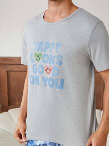 男士卡通表情印花圓領t卹+格紋長褲家居服 - 彩色 - 查看 9