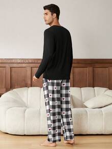 男士英文字母印花運動衫和格紋長褲套裝 - 黑色 - 查看 7