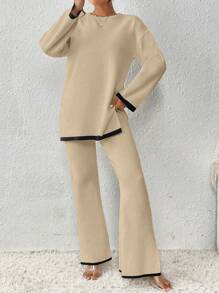 Chiquease Women's Color Block Sweater And Pants Set With Hem Slit Detail - Apricot - View 5