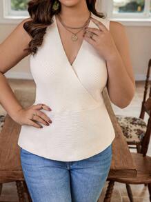 Calvaya Plus Surplice Neck Ribbed Knit Top - Apricot - View 5