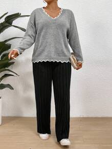 SHEIN Clasi Shell Edge V-neck Knit Sweater And Skirt Set - Multicolor - View 4