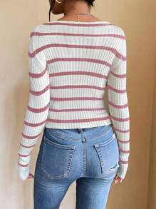 Chiquease Striped Pattern Sweetheart Neck Knit Pullover Fall Winter Sweater - Multicolor - View 2