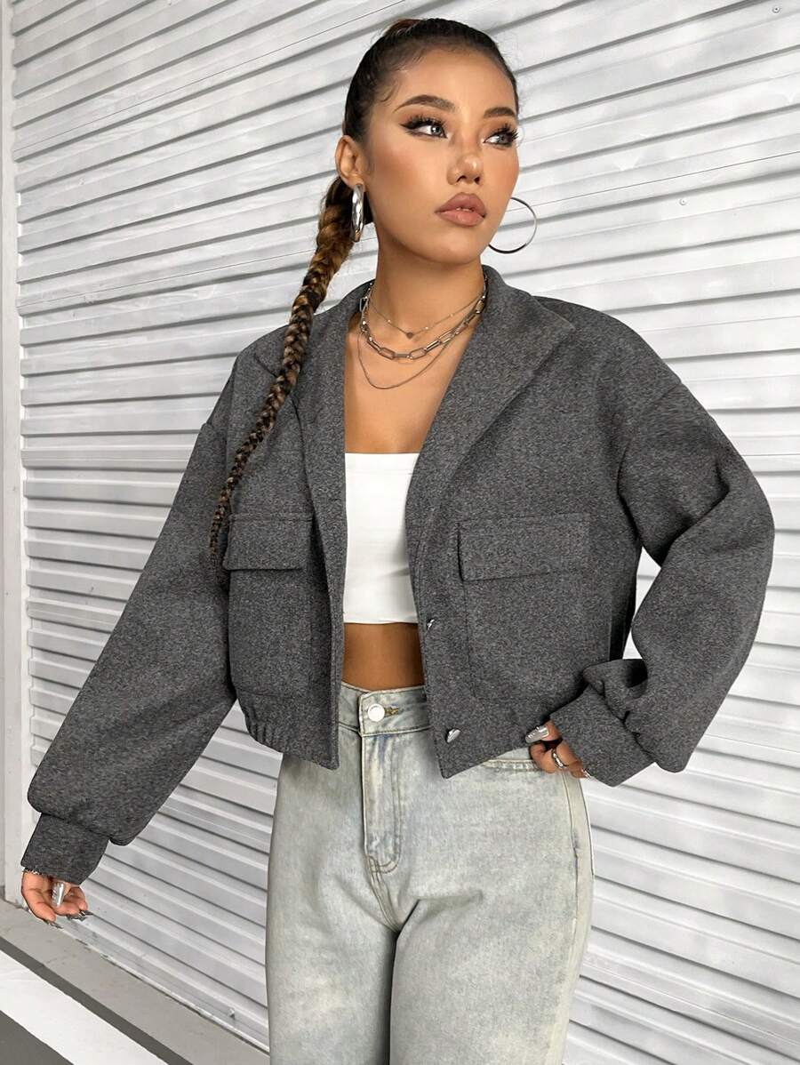 SHEIN Unity Abrigo De Lana De Manga Larga De Color Sólido - Gris Oscuro - Ver 1