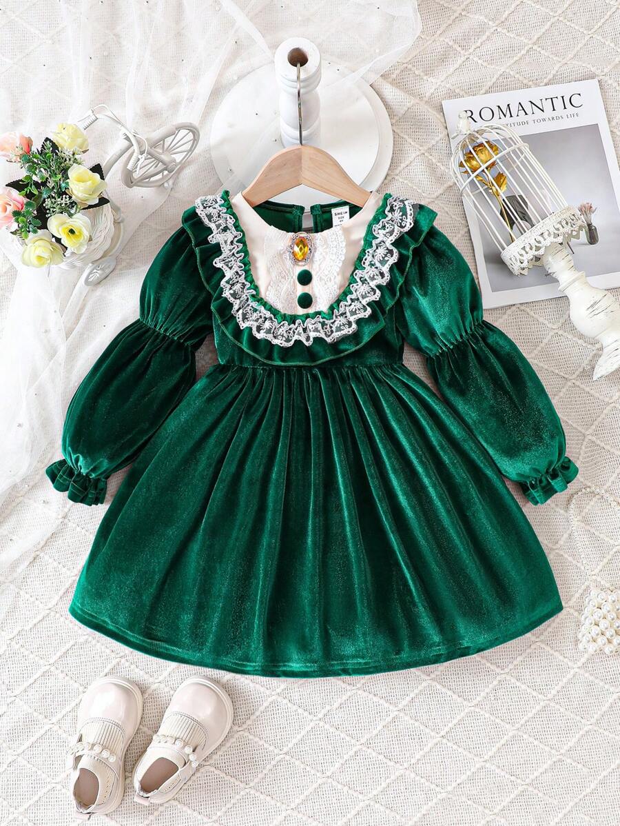 SHEIN Bé gái Ren Vá lại Lá sen Tay áo Đầm - Nhiều màu - Xem 1