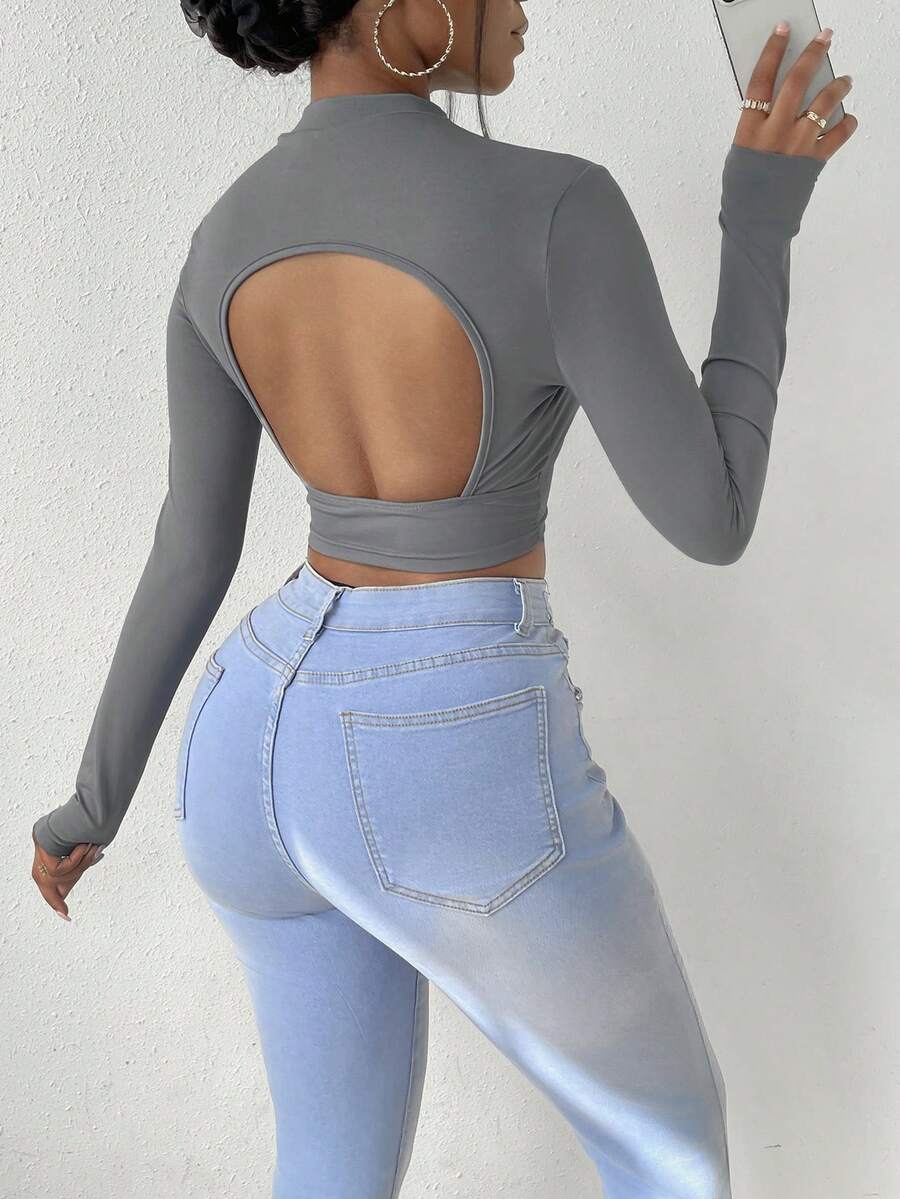 SHEIN Slayr 後鏤空短款T恤 - 灰色 - 查看 1