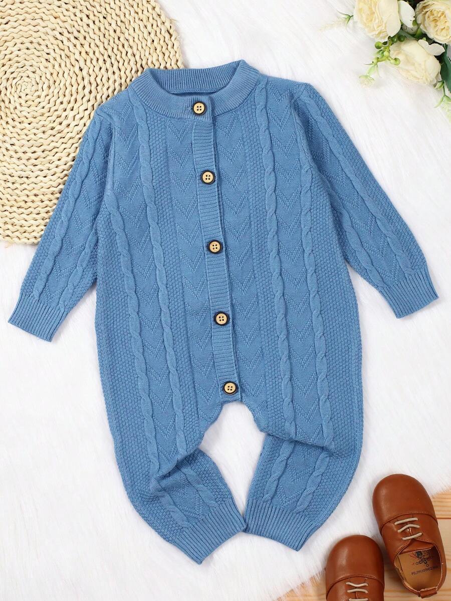 Baby Boy Button Front Cable Knit Jumpsuit - Blue - View 1