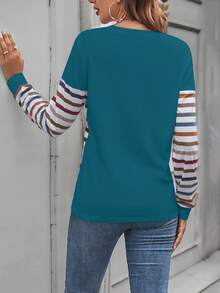 SHEIN LUNE Striped Button Decorated T-shirt - Blue - View 2