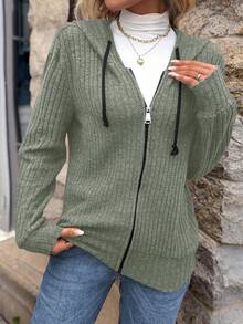 SHEIN LUNE 女士肋紋束口拉鍊外套 - 軍綠色 - 查看 6