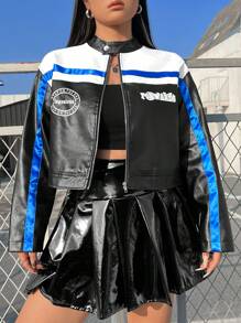 SHEIN EZwear CURVE Plus Letter Graphic Colorblock PU Leather Jacket - Black - View 1