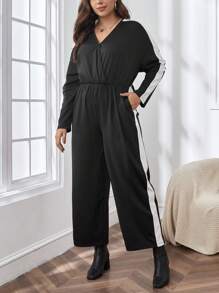SHEIN Essnce Women's Plus Size Color Block Side Stripe Jumpsuit - Black and White - View 4