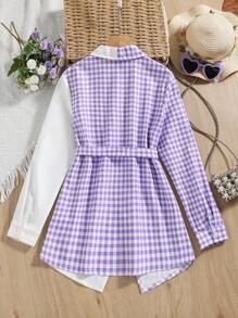 SHEIN 格子拼色腰帶休閒襯衫 - 彩色 - 查看 2