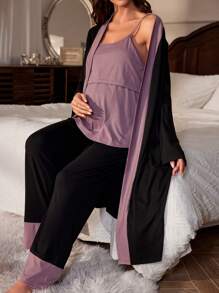 Moonlight&Mama 孕妇简约拼接睡衣套装，适合妈妈们秋冬穿着 - 彩色 - 查看 1