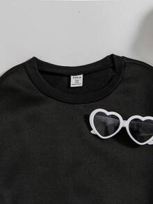 少女保暖内衬落肩长袖运动衫 - 黑色 - 查看 3