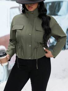 Calvaya Plus Flap Pocket Drop Shoulder Jacket - Army Green - View 6