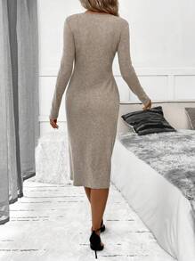 SHEIN Clasi Ribbed Textured Solid Color Twisted Knot Bodycon Dress - Khaki - View 2