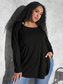 SHEIN CURVE+ Hơn Chất rắn Viền chia cắt Áo thun - màu đen - Xem 4