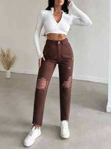 Cottnline 實心破洞未整邊牛仔褲 - 棕色 - 查看 5